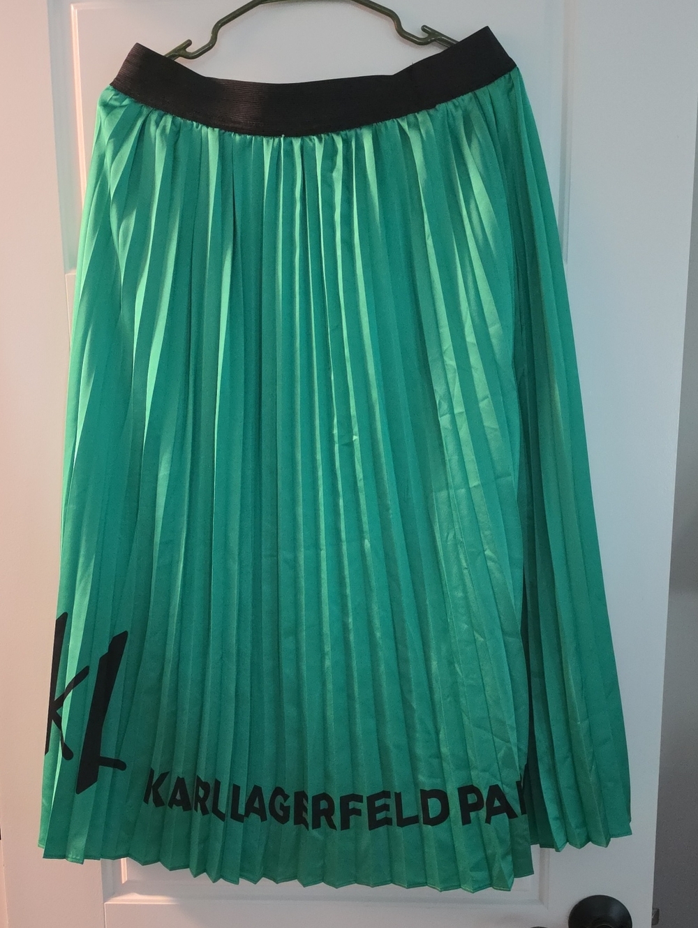 Karl Lagerfeld Emerald Green Pleated Midi Skirt with Black Waistband